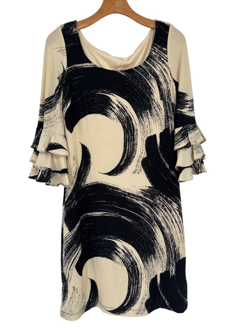 Muse Womens Size 10 Ruffle Sleeve Dress Black  Beige Abstract Print knit New